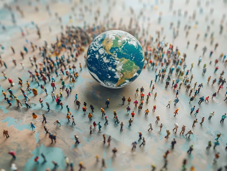 Globe with people around it